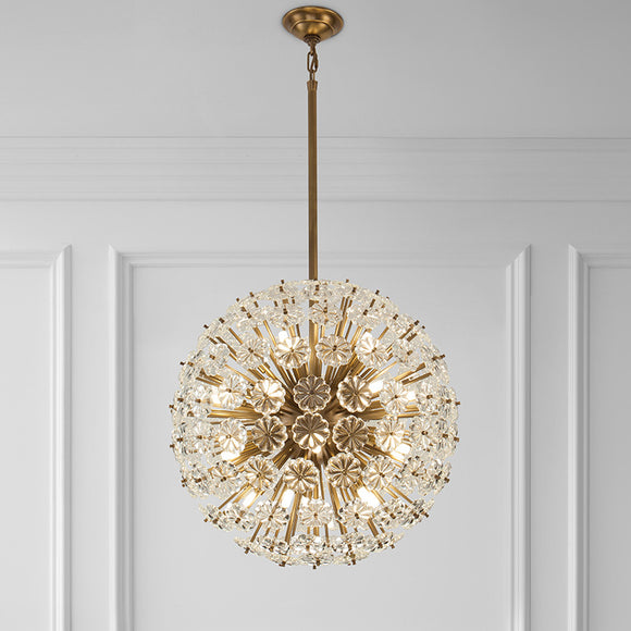 Glam Antique Pure Brass CrystalCrystal Flowers Firefly Sputnik Globe Pendant Ceiling Lighting Chandelier
