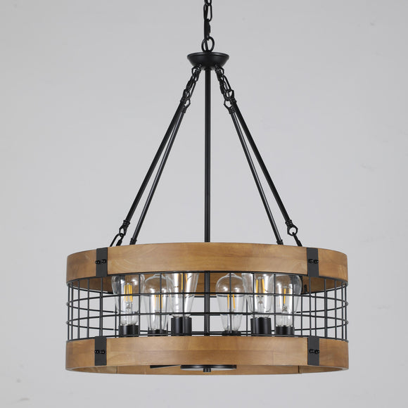 Rustic Industrial Round Chandelier with Wood and Metal Cage Design