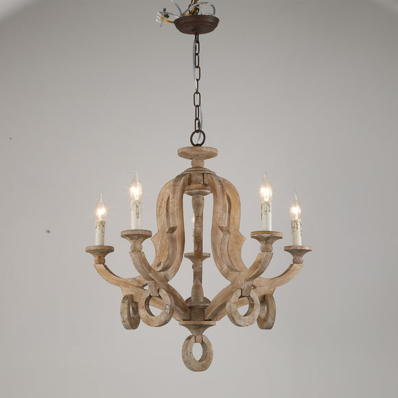 Rustic Shabby Hand-Carved Wooden Chandelier Farmhouse Style