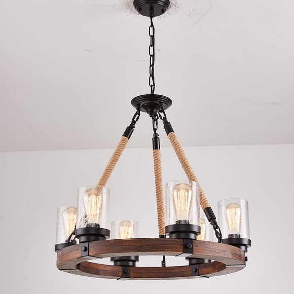 Rustic Farmhouse 6-Light Industrial Chandelier with Rope Hangers and Glass Shades