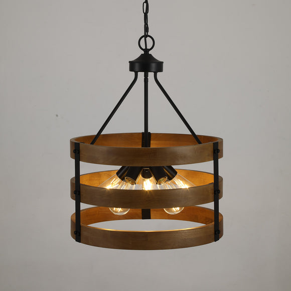 5-Light Ring Farmhouse Lamp Industrial Modern Wood and Metal Chandelier