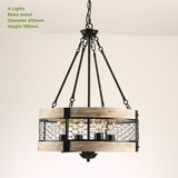 Rustic Industrial Round Chandelier with Wood and Metal Cage Design