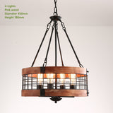 Rustic Industrial Round Chandelier with Wood and Metal Cage Design