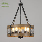 Rustic Industrial Round Chandelier with Wood and Metal Cage Design