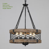 Rustic Industrial Round Chandelier with Wood and Metal Cage Design