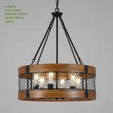 Rustic Industrial Round Chandelier with Wood and Metal Cage Design