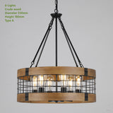 Rustic Industrial Round Chandelier with Wood and Metal Cage Design